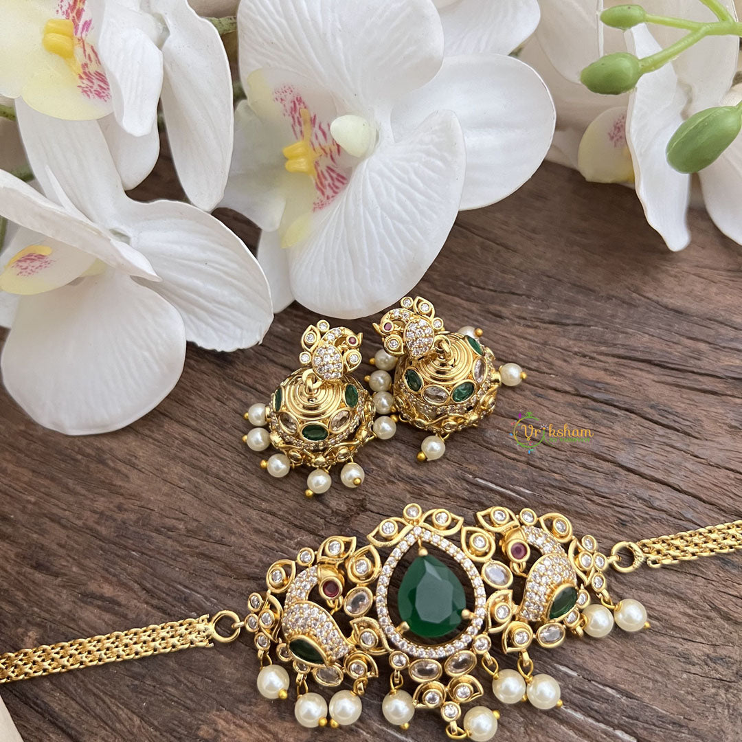 Vriksham Dual Peacock With Tear Drop Choker-Green-G16306