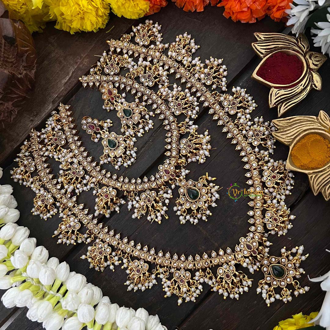 Vriksham Traditional Pearl-Clustered Guttapusalu Bridal Set-Red Green & White-G22206