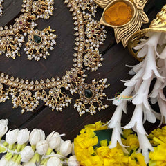 Vriksham Traditional Pearl-Clustered Guttapusalu Bridal Set-Red Green & White-G22206