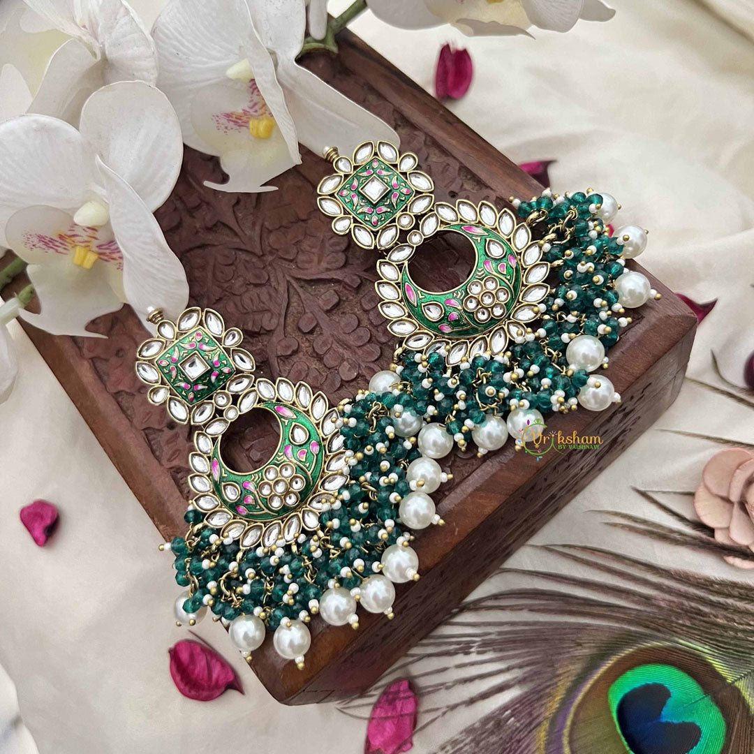 Vriksham Grand Kundan Chandbali  With Green & Pearl Bead Drops Earrings-G20149