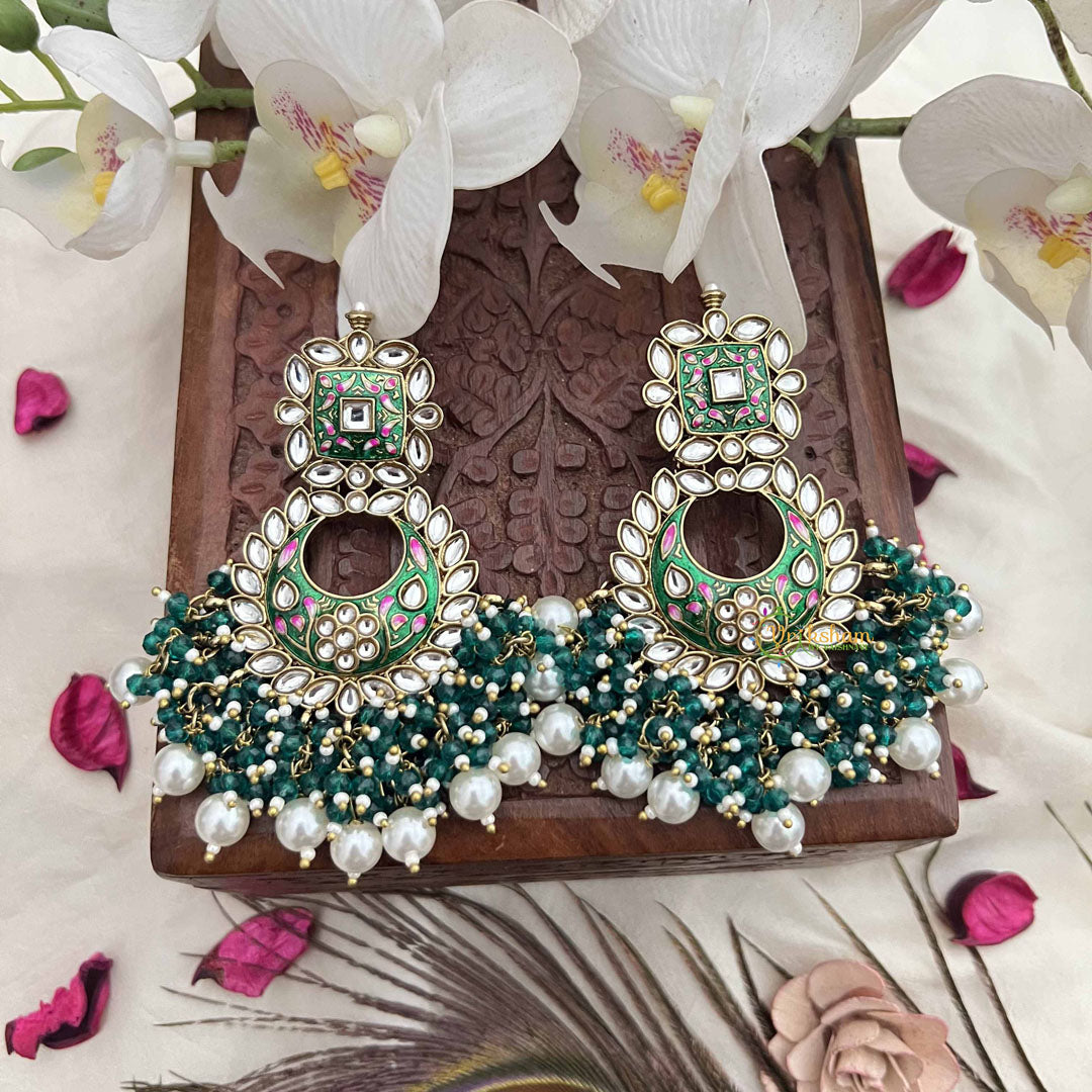 Vriksham Grand Kundan Chandbali  With Green & Pearl Bead Drops Earrings-G20149