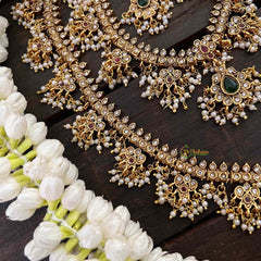 Vriksham Traditional Pearl-Clustered Guttapusalu Bridal Set-Red Green & White-G22206