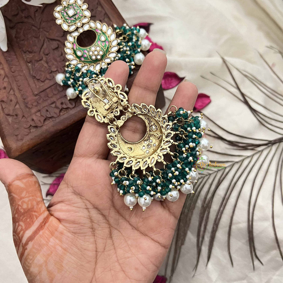 Vriksham Grand Kundan Chandbali  With Green & Pearl Bead Drops Earrings-G20149