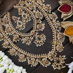 Vriksham Traditional Pearl-Clustered Guttapusalu Bridal Set-Red Green & White-G22206