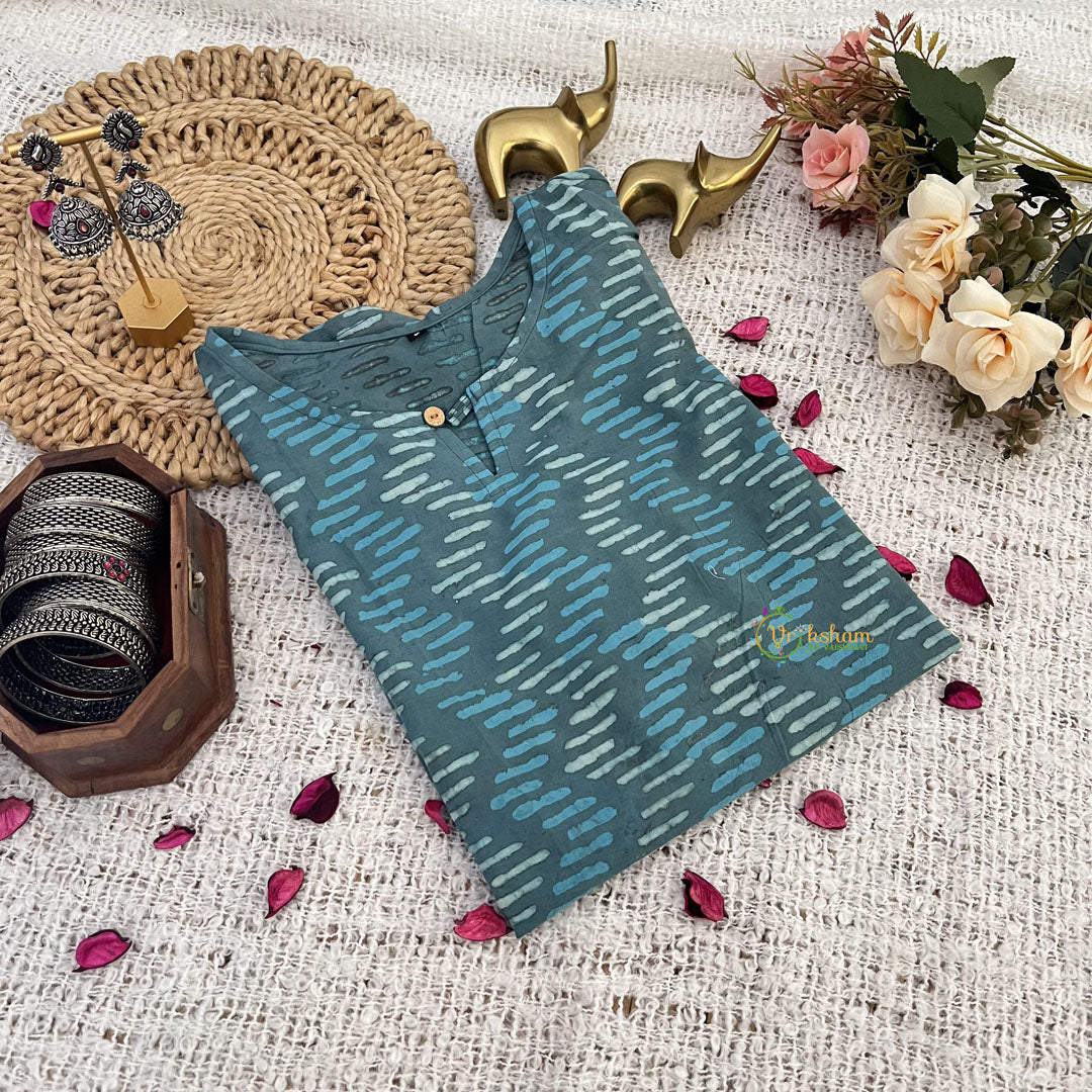 Vriksham Teal Green Handblock Cotton Short Kurti-VS4266