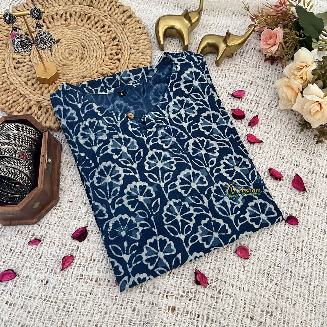 Vriksham Blue Floral Handblock Cotton Short Kurti-VS4263