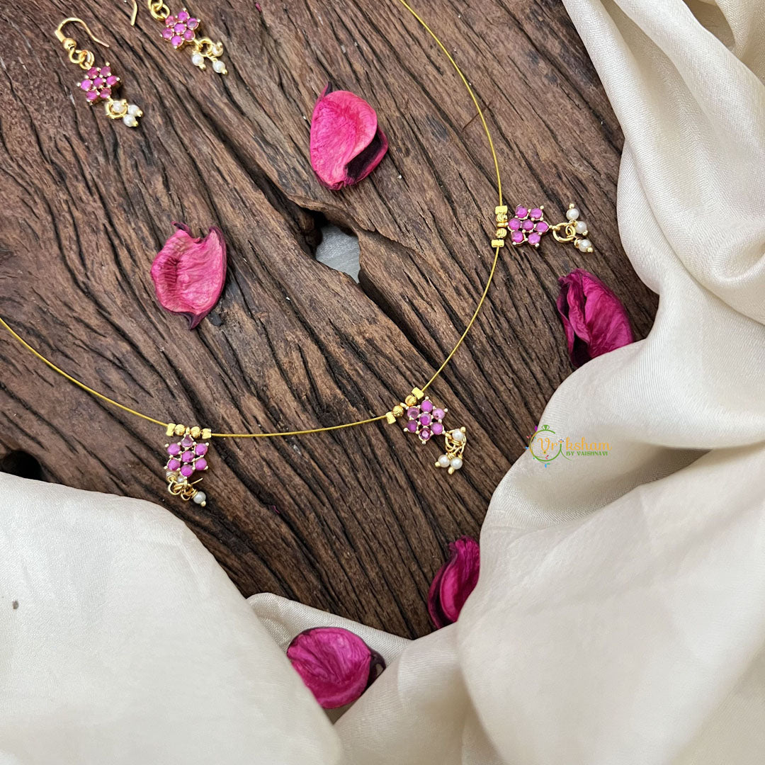 Vriksham Exquisite AD Stone Floral Invisible Chain-Red-Pearls-G18361