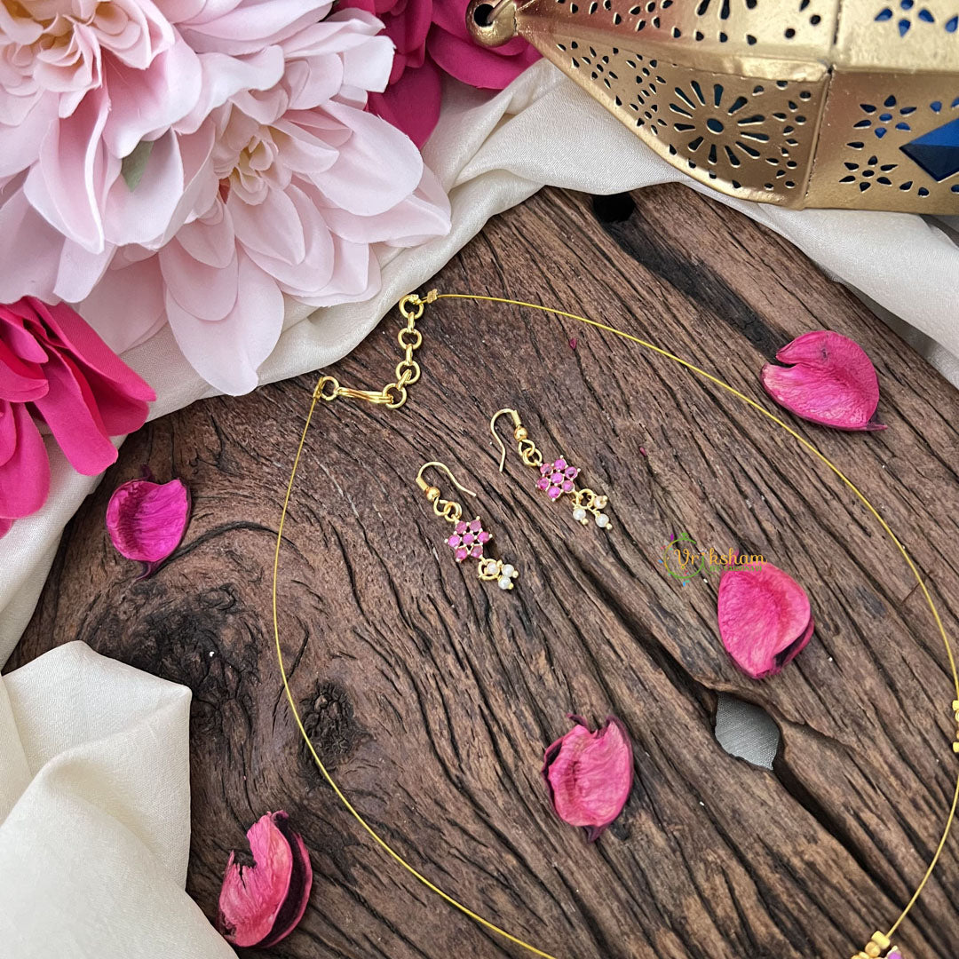 Vriksham Exquisite AD Stone Floral Invisible Chain-Red-Pearls-G18361