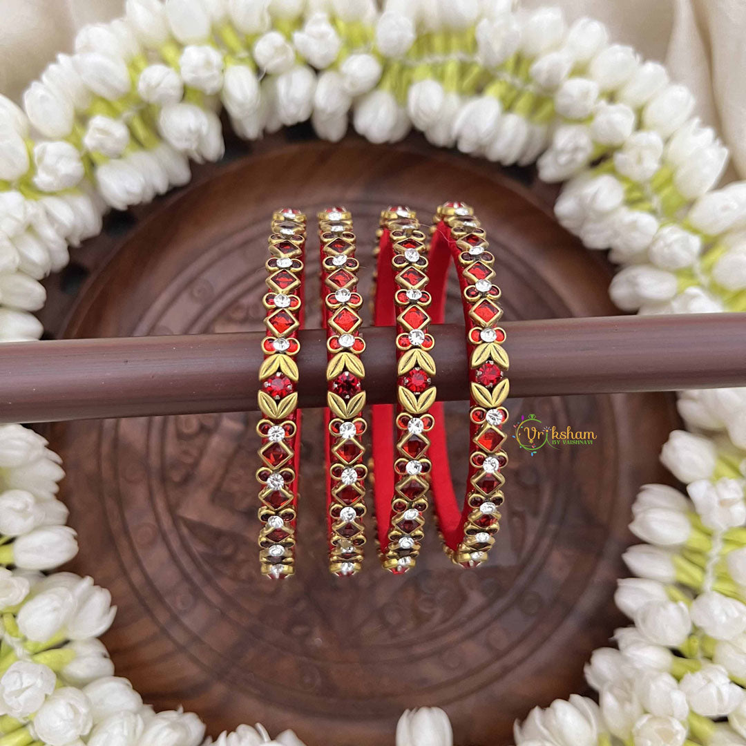 Vriksham Square & Leaf Style Silk Thread Kundan Bangles-Red-G20836