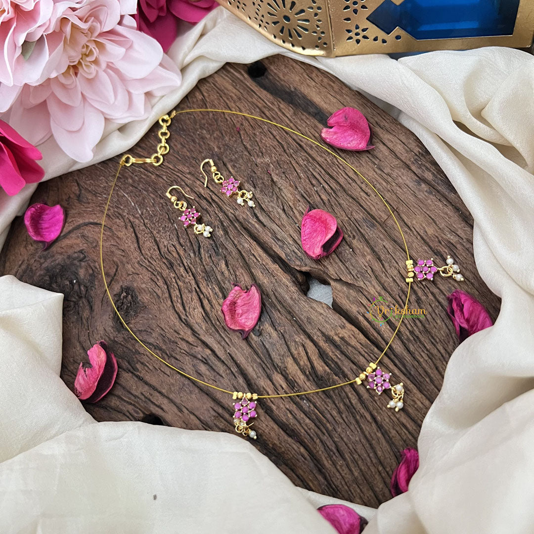 Vriksham Exquisite AD Stone Floral Invisible Chain-Red-Pearls-G18361