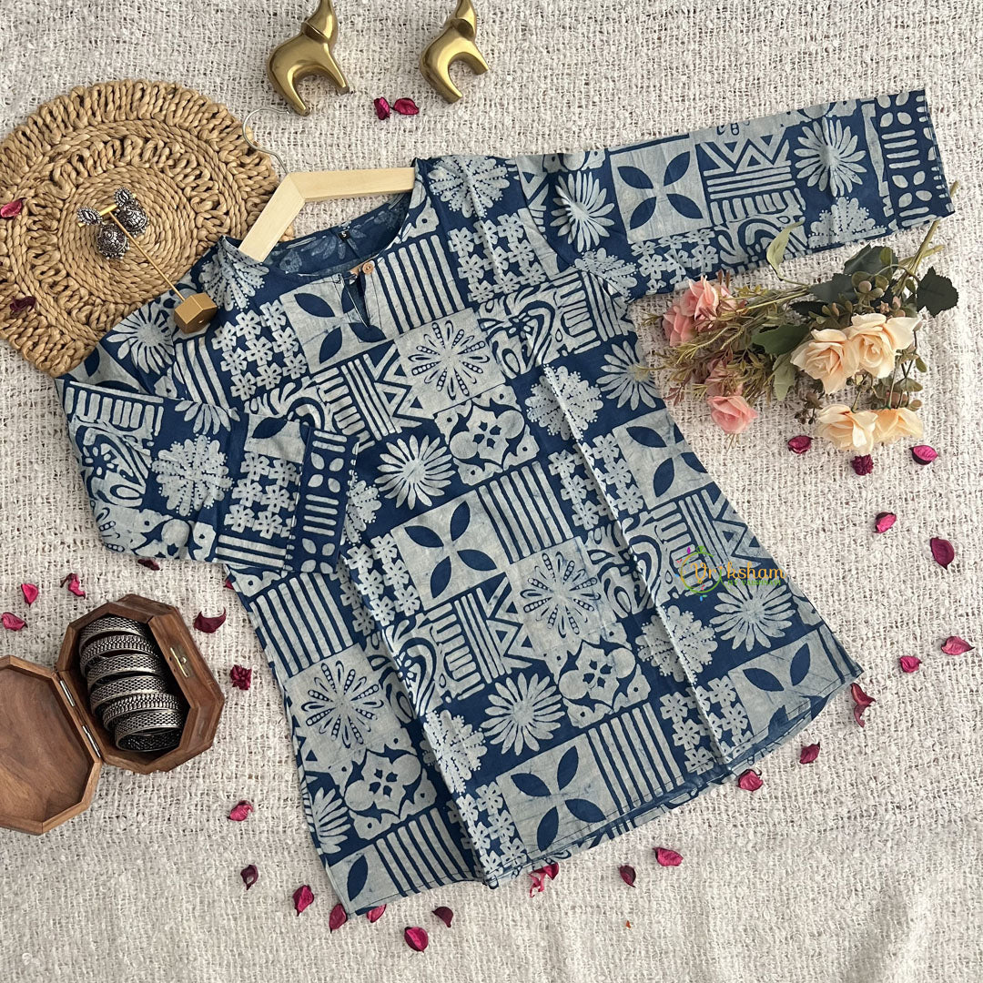 Vriksham Blue With White Handblock Cotton Short Kurti-VS4275