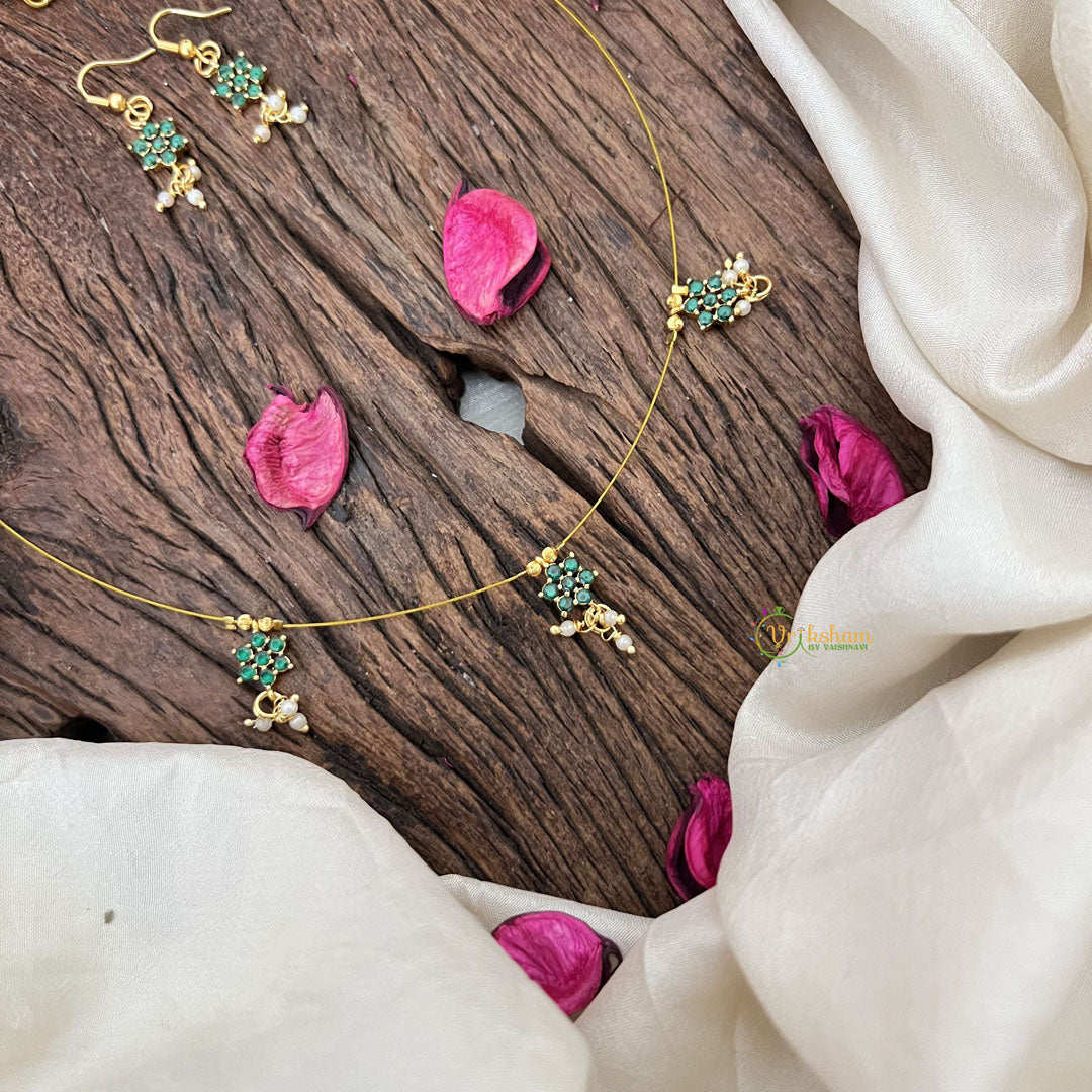 Vriksham Exquisite AD Stone Floral Invisible Chain-Green-Pearls-G18360