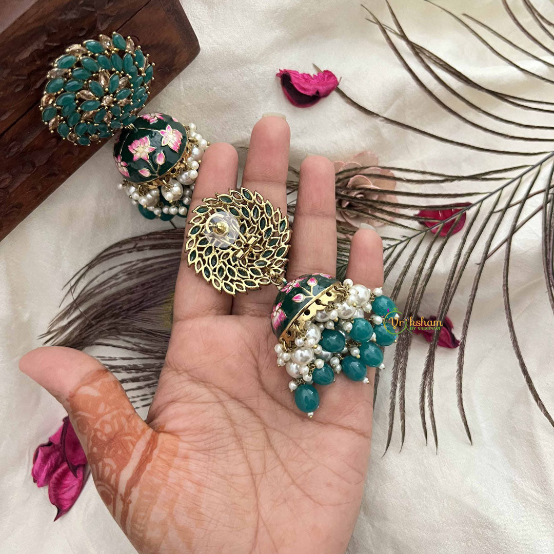 Vriksham Green Meenakari Lotus Handpainted Floral Dome With Pearl & Green Beads Jhumka-G20164