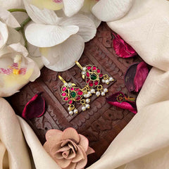 Vriksham Peacock Feather Style Pearl Drop Kundan Jadau Bugadi-Green Red & White-J4141