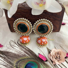 Vriksham Vintage Green Stone & Hand-Painted  Orange Floral Jhumkas-G20167