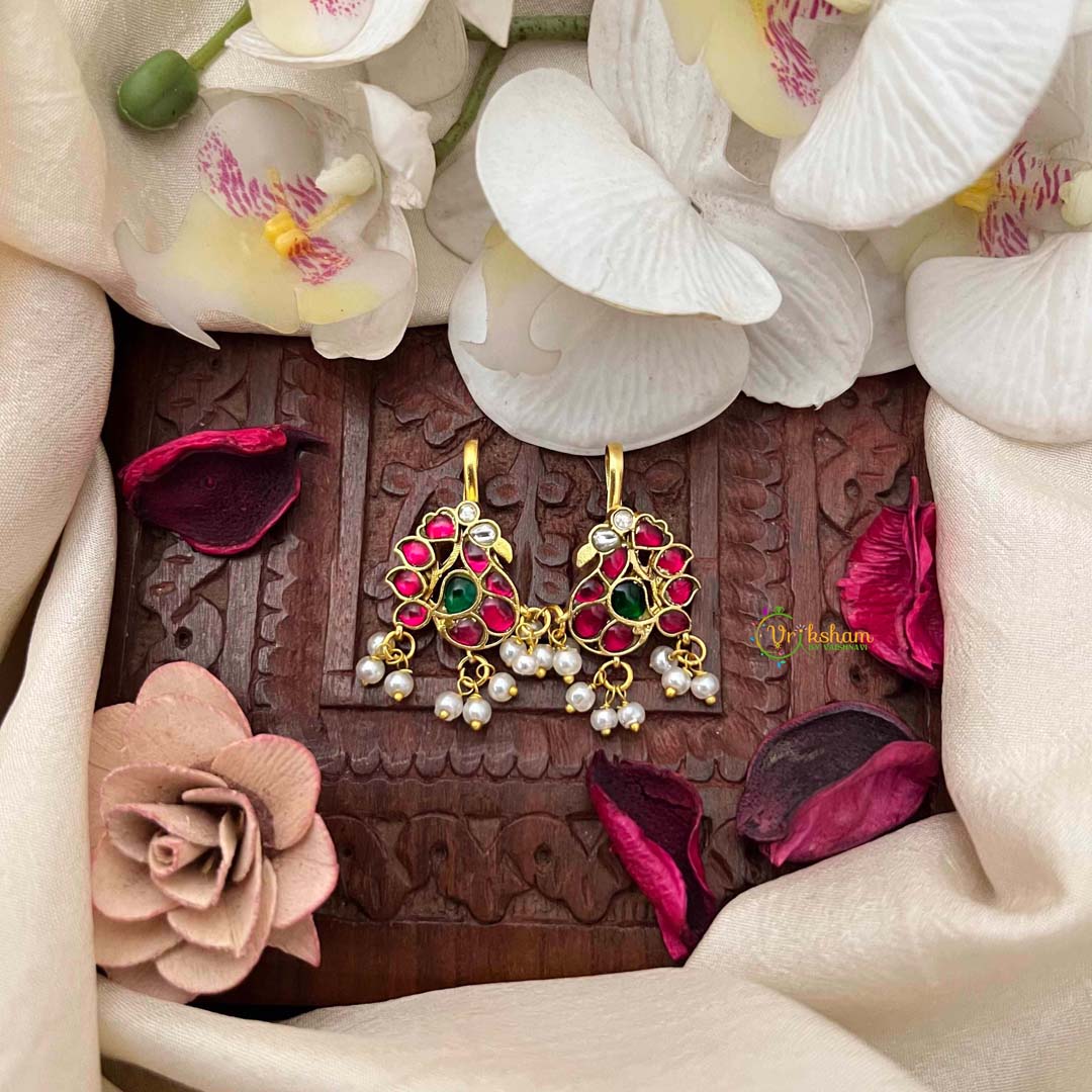 Vriksham Peacock Feather Style Pearl Drop Kundan Jadau Bugadi-Green Red & White-J4141