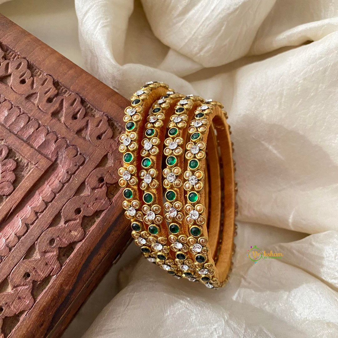 2 Line Dark Green Stone Silk Thread Kundan Bangle -G12270