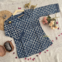 Vriksham Dark Blue Handblock Cotton Short Kurti-VS4272