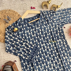 Vriksham Dark Blue Handblock Cotton Short Kurti-VS4272