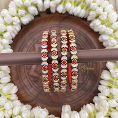 Vriksham Half Moon Red & White Meenakari Gold Style Silk Thread Kundan Bangles-G20844