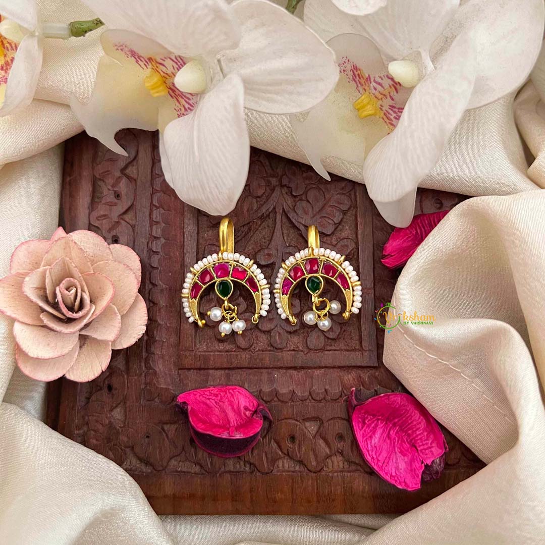 Vriksham Premium Half Moon & Pear Drop Style Kundan Jadau Bugadi-Red Green-Pearls-J4182