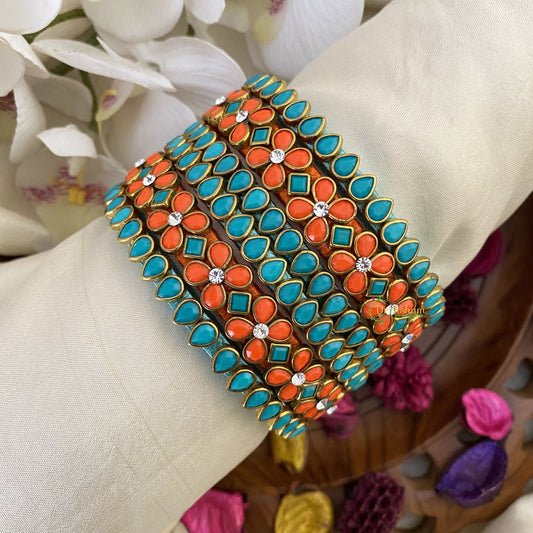 Vriksham Silk Thread Kundan Bridal Bangle-Orange & Sea Green-G16233