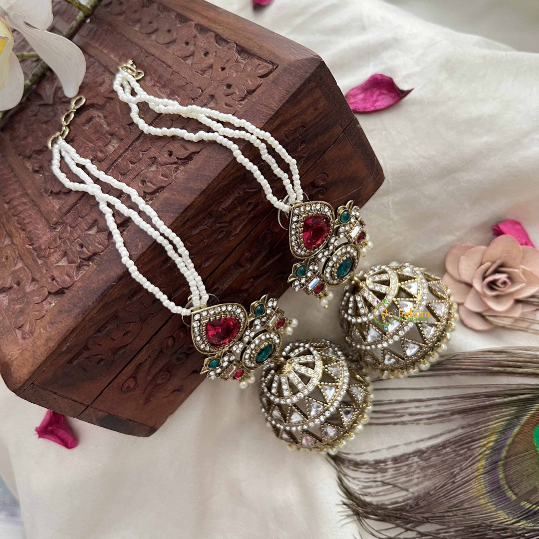 Vriksham Devika Kundan Red & Green Stone Tops With Pearl Strings & Mirror Dome Jhumka With Earchain-G20162