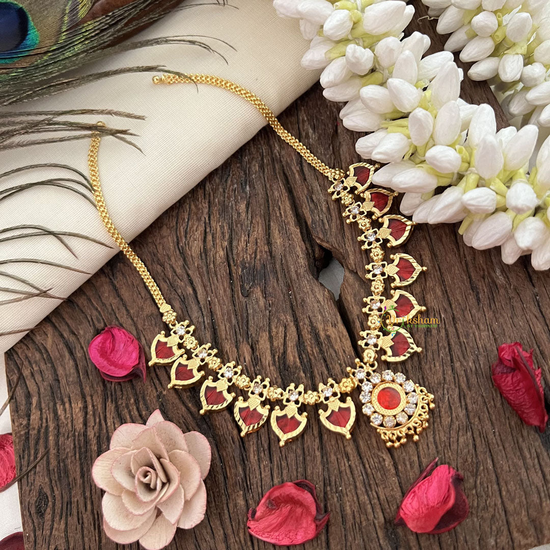 Vriksham Traditional Kerala Palakka Short Neckpiece-Red-12 Palakka-G17251