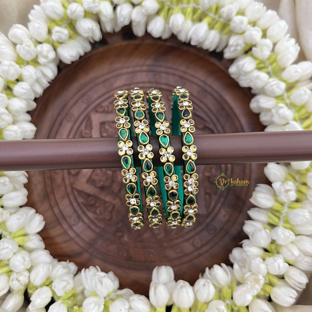 Vriksham Green Enamel Bangles With Antique Gold Finish Silk Thread Kundan Bangles-G20846
