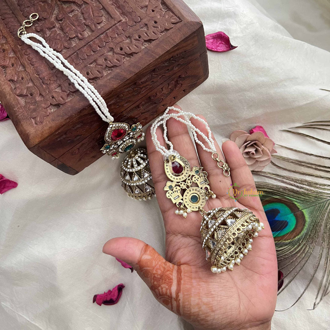 Vriksham Devika Kundan Red & Green Stone Tops With Pearl Strings & Mirror Dome Jhumka With Earchain-G20162