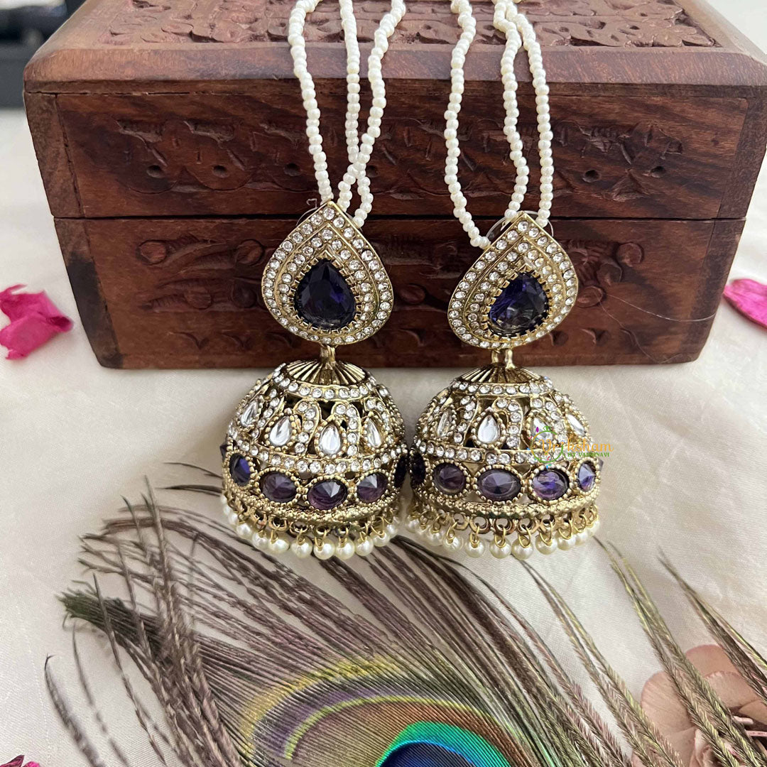 Vriksham Ira Blue Kundan Pearl String With Teardrop Stud & Dome Detailing Jhumka With Earchain-G20165