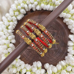 Vriksham Royal Red Lakshmi & Floral With Antique Gold Finish Silk Thread Kundan Bangles-G20850