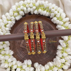 Vriksham Royal Red Lakshmi & Floral With Antique Gold Finish Silk Thread Kundan Bangles-G20850