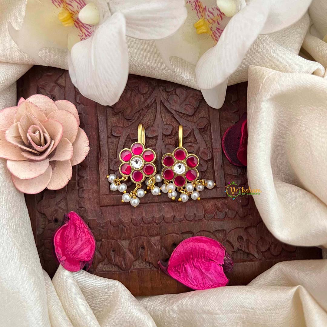 Vriksham Floral Style With Pearls Drop Kundan Jadau Bugadi-White Red-J4168