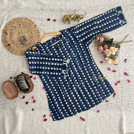 Vriksham Blue Square Handblock Cotton Short Kurti-VS4264