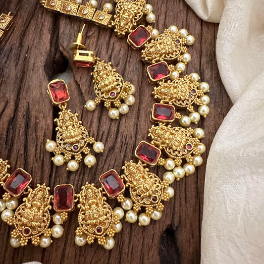 Antique AD Stone Lakshmi Short Neckpiece-Red-Pearl-G12888