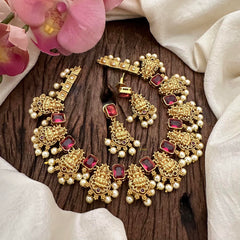 Antique AD Stone Lakshmi Short Neckpiece-Red-Pearl-G12888