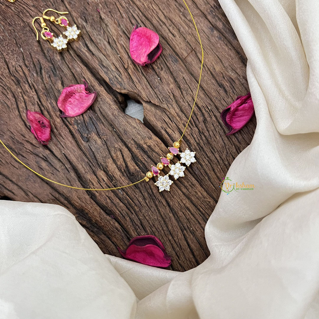 Vriksham Elegant AD Stone 3 Floral Tear Drop Invisible Chain-White Red-G18350