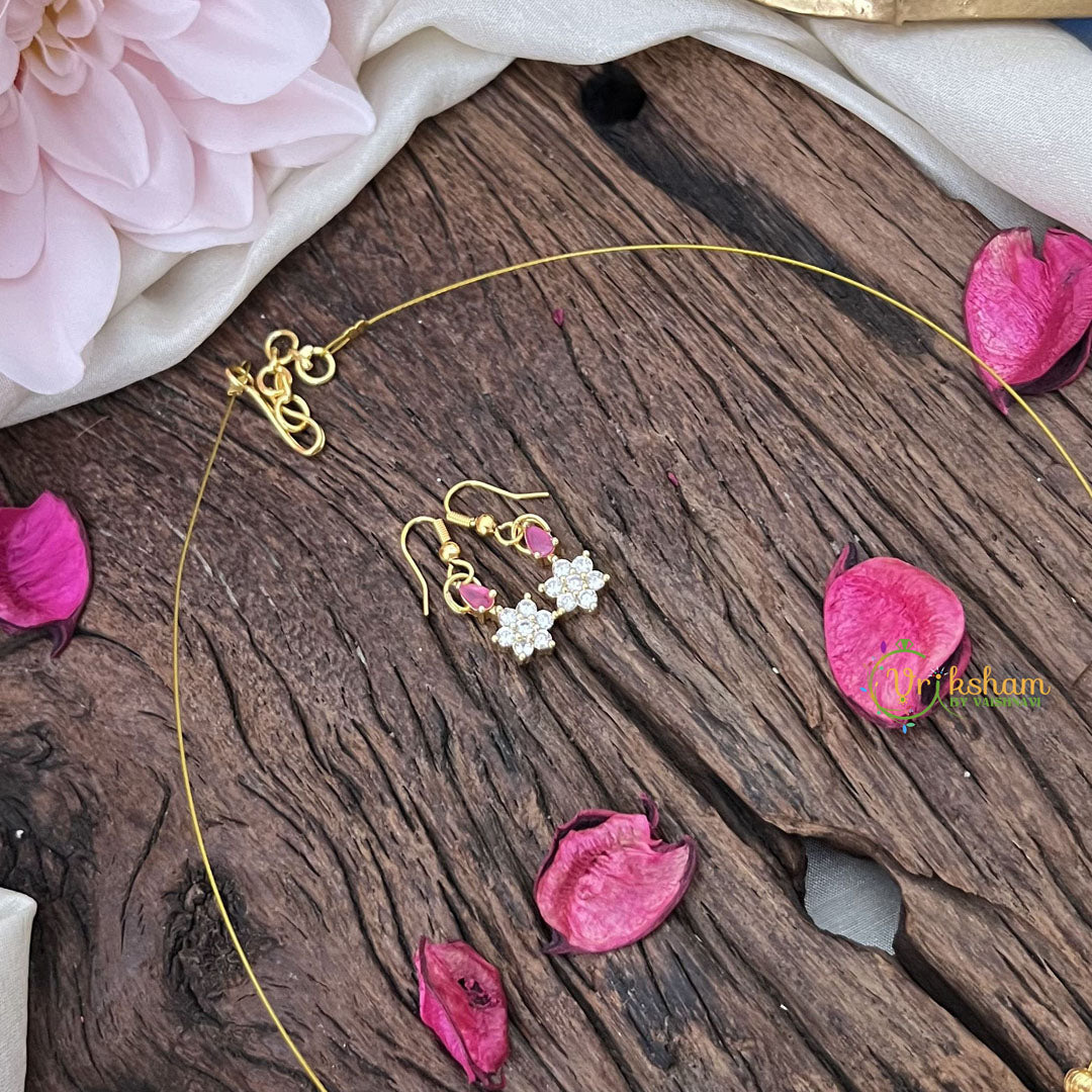 Vriksham Elegant AD Stone 3 Floral Tear Drop Invisible Chain-White Red-G18350