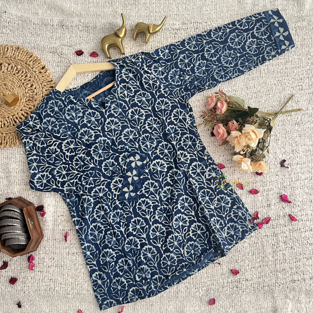 Vriksham Blue Floral Handblock Cotton Short Kurti-VS4263