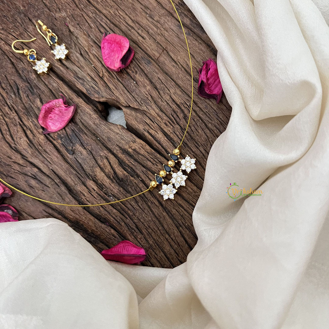 Vriksham Elegant AD Stone 3 Floral Tear Drop Invisible Chain-White Blue-G18351