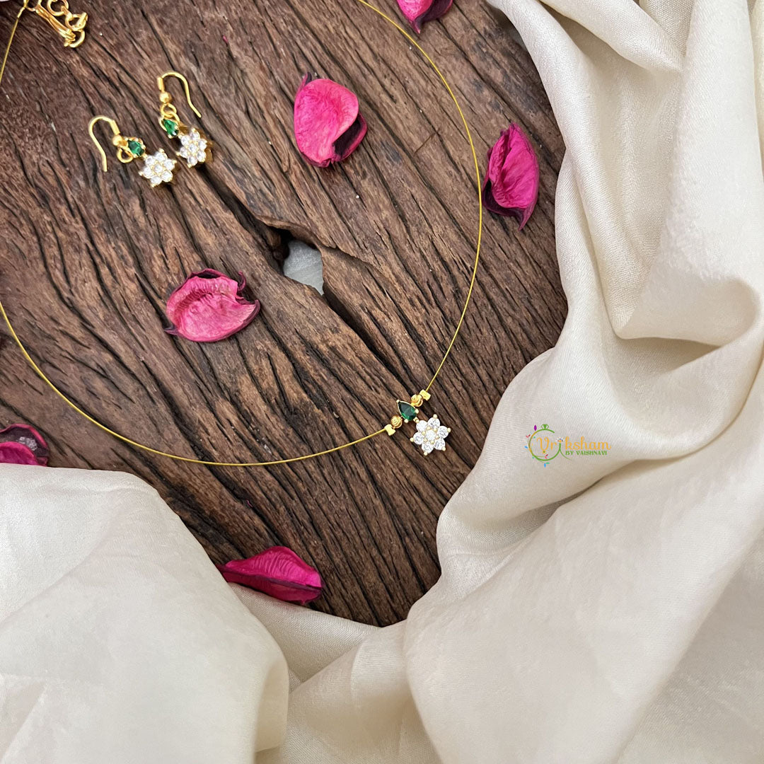 Vriksham Elegant AD Stone Floral Tear Drop Invisible Chain-White Green-G18348