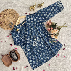 Vriksham Blue Floral Handblock Cotton Short Kurti-VS4259