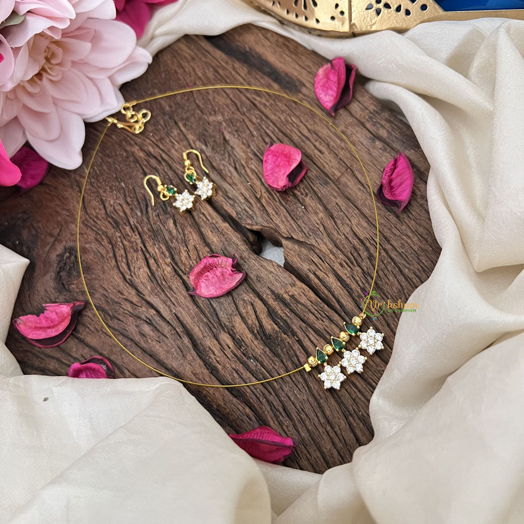 Vriksham Elegant AD Stone 3 Floral Tear Drop Invisible Chain-White Green-G18347