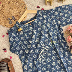 Vriksham Blue Floral Handblock Cotton Short Kurti-VS4259