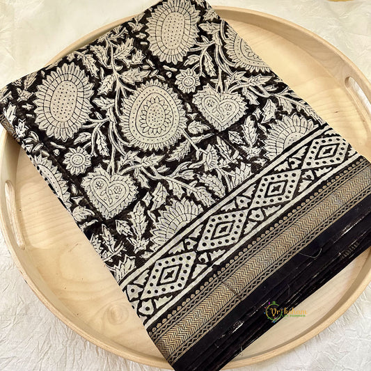 Black and White Maheshwari Cotton Silk Saree -Handloom Maheshwari Saree-VS3632