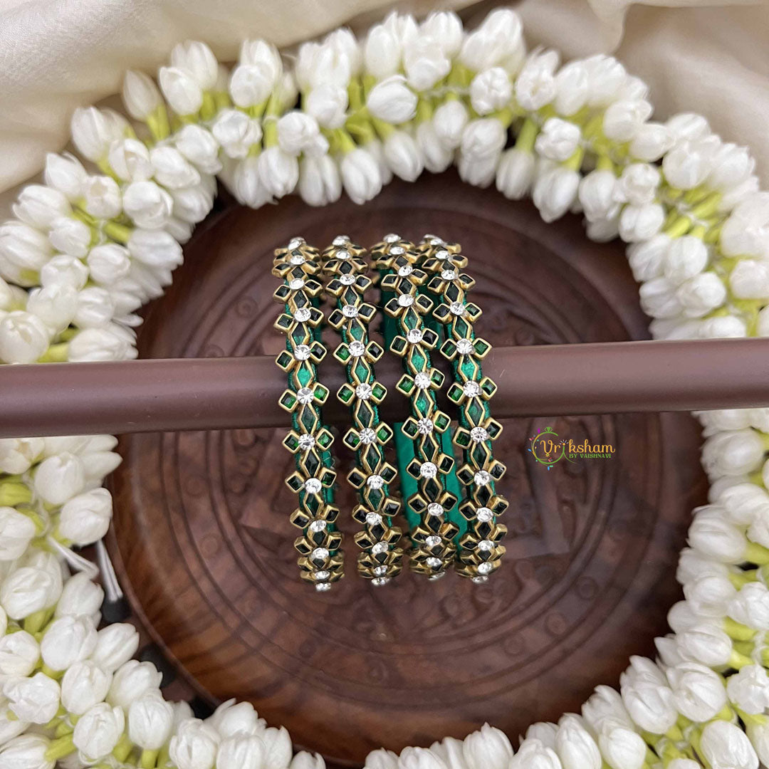 Vriksham Emerald Green Floral  Kundan Meenakari Silk Thread Kundan Bangles-G20859