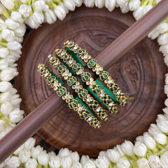 Vriksham Emerald Green Lotus Floral Kundan Meenakari Silk Thread Kundan Bangles-G20860