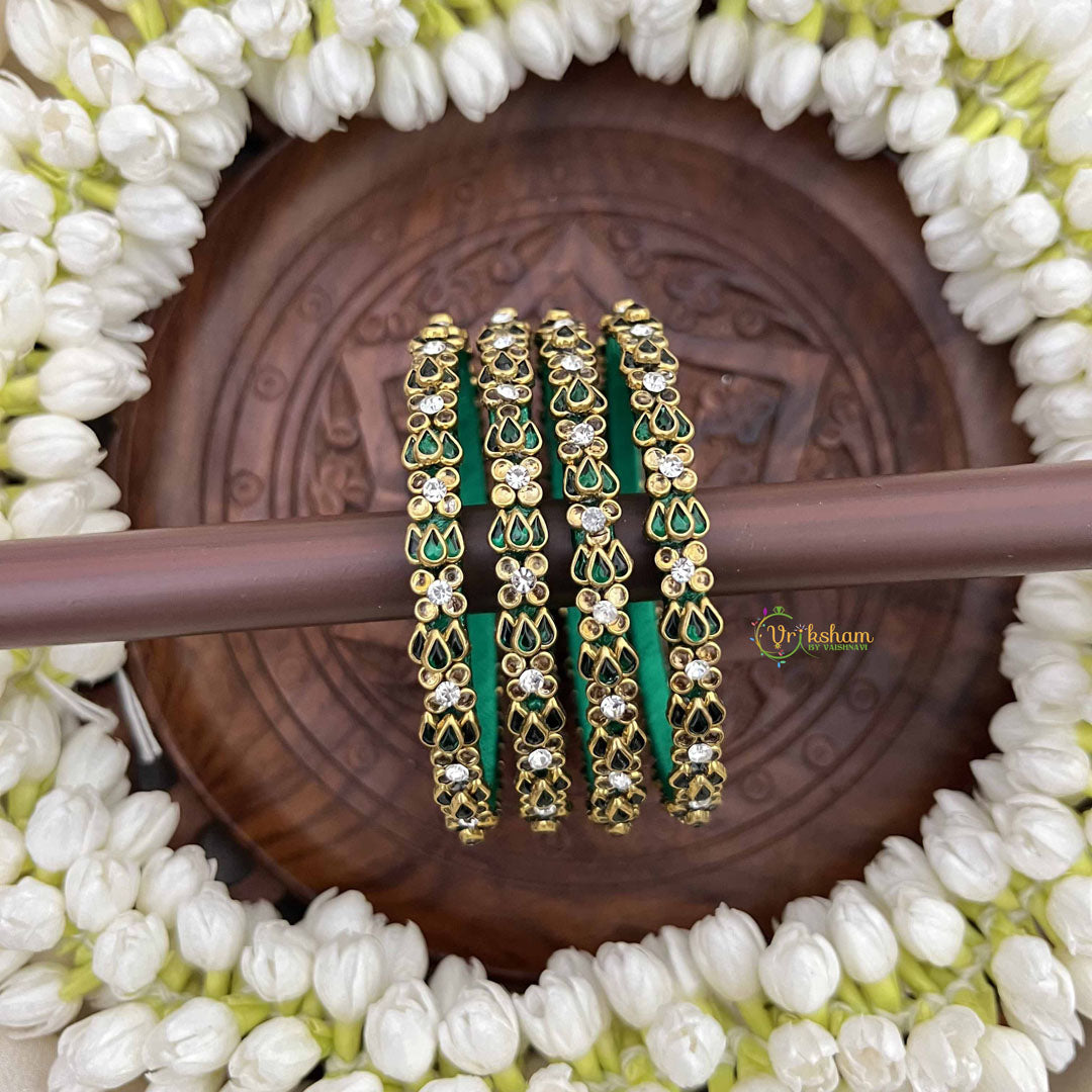 Vriksham Emerald Green Lotus Floral Kundan Meenakari Silk Thread Kundan Bangles-G20860