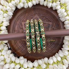 Vriksham Emerald Green Lotus Floral Kundan Meenakari Silk Thread Kundan Bangles-G20860